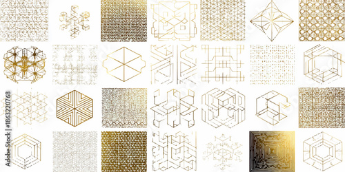 A diverse array of golden geometric patterns and designs, including hexagons, lines, and 3D shapes, suitable for design and art projects.