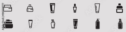 A collection of black and white icons representing various cosmetic and skincare products on a gray background