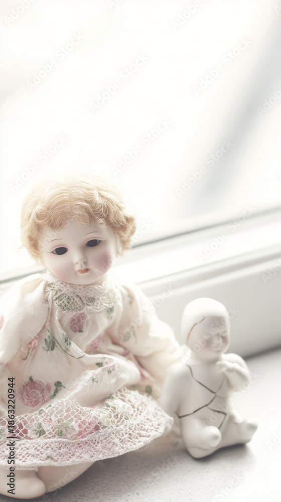 Fototapeta premium doll. A vintage cracked porcelain doll beside a pristine doll in soft window light. wellbeing guides, coaching materials, designed for coaching and self-improvement content, clarifies learning.