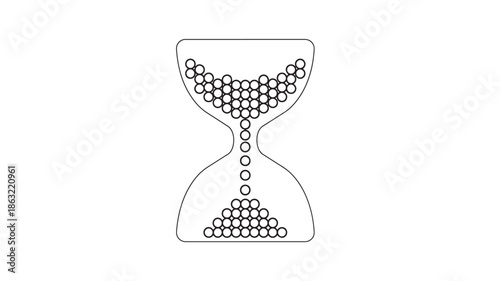 Minimalist outline hourglass icon formed by hollow circular beads, sand at top and bottom with a bead-strewn central neck, black line art
