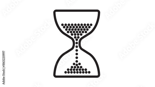 Minimalist dotted hourglass icon with sand in the top chamber, a narrow central neck, and sandy bottom pile in black silhouette on white background