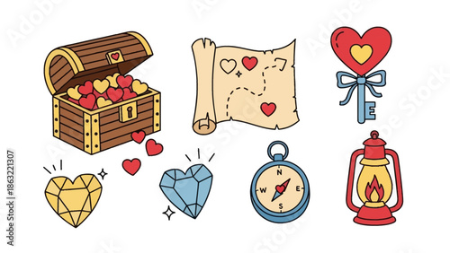 Treasure Map and Heart Symbols: A delightful arrangement features a wooden chest brimming with heart, along with a treasure map adorned with heart symbols.