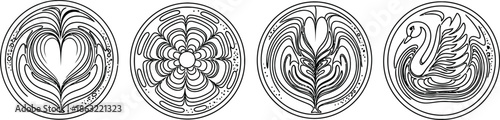 Line art vector set of 4 latte art patterns heart rosetta tulip and swan design in coffee cup top view