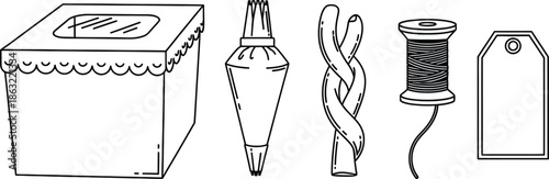 Line art vector set of 5 bakery packaging items cake box pastry bag bread tie twine spool and label tag