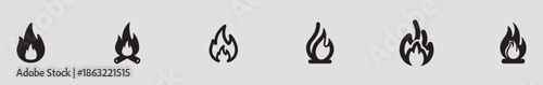 A set of six different flame icons in black silhouette on a light gray background