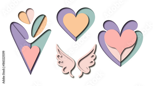Heartfelt Composition: Artistic design of layered hearts and wings conveys love, affection, and tenderness, creating a visual expression of emotional depth. 