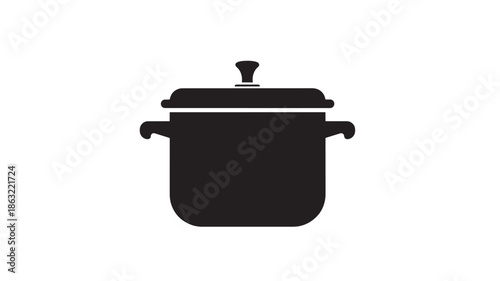 Black silhouette of a classic cooking pot with a lid and side handles, minimalist flat vector cookware icon for kitchen apps, recipes, and UI design