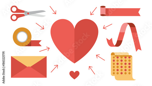 Crafting Affection: A visual narrative of love and sentiment, with elements such as envelope, scissors, heart and ribbon, to show love message creation and crafting