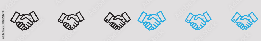 Obraz premium A series of handshake icons in black and blue on a gray background representing business agreements and partnerships