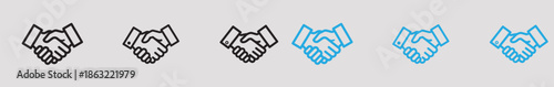 A series of handshake icons in black and blue on a gray background representing business agreements and partnerships