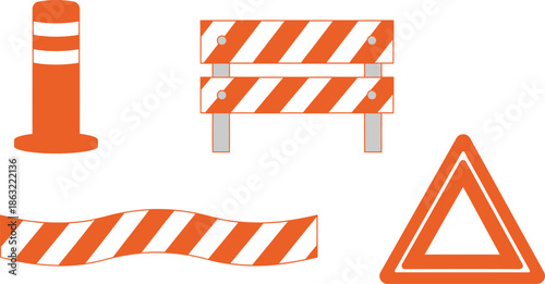 Flat design set of 4 traffic control barriers bollard road block barrier tape and warning triangle