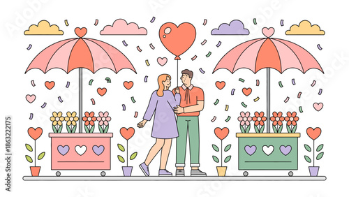 Love in Bloom: A tender moment unfolds as a couple walks amid showers of hearts and flowers, framed by heart-shaped balloons and blossoming blooms, evoking the spirit of affection.