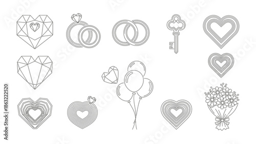 Elegant Line Art Collection of Wedding Symbols: A collection of meticulously crafted line art illustrations showcasing various symbols of love, commitment, and celebration.