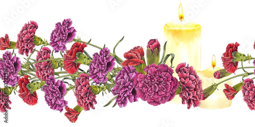 Tableau sur toile Watercolor seamless border red and pink carnations and burning candles