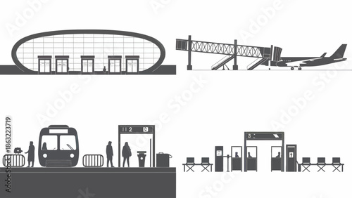 Airport Terminal and Plane with Checkin and Tram