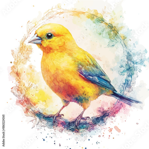 Canary, fantasy-inspired semi-realistic illustration, soft glowing accents, watercolor style, isolated on white