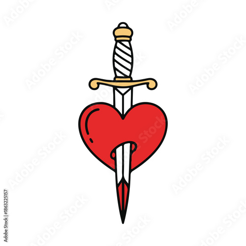 Traditional Tattoo Style Heart with Dagger - Old School, Love, Betrayal, Passion Graphic, vector