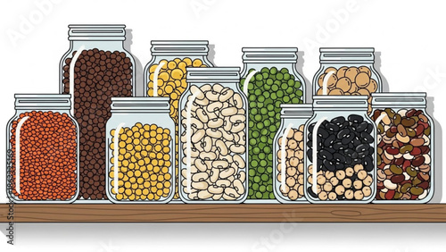 Assorted Legumes and Beans in Glass Jars on Wooden Shelf