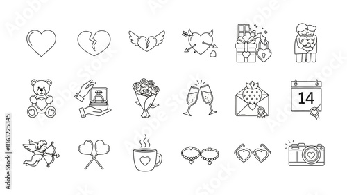 A Collection of Romantic Elements: A collection of heart-themed line art elements, perfect for celebrating love, affection, and romance, ideal for Valentine's Day.