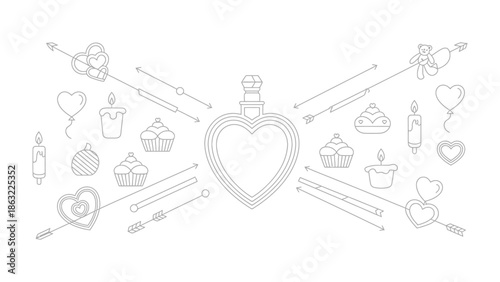 Valentine's Day Line Art: A delicate line art composition featuring heart-shaped arrows, balloons, cupcakes, candles, and a central love potion bottle, all symbolizing romance and affection.
