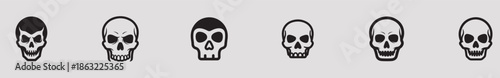 A row of five black and white skull icons on a gray background