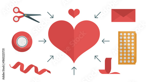 Love's Toolkit: A visual ode to affection, with a heart at its center, surrounded by elements that build and express love, symbolizing creation and care.