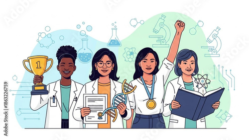 Diverse Scientists Celebrating Success with Awards and Certificates