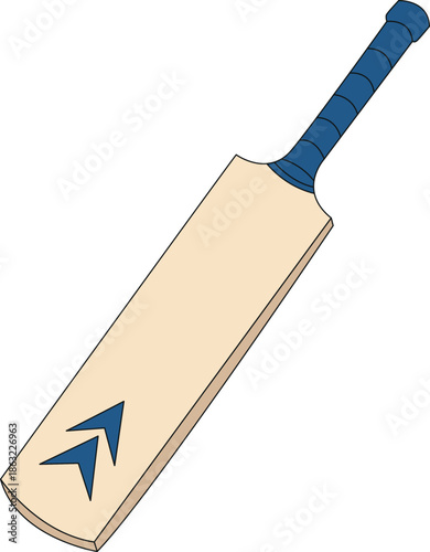 A cartoon illustration of a cricket bat with a blue handle