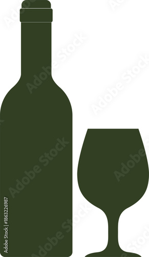 Dark green wine bottle and glass silhouette simple graphic design