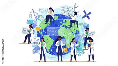 Diverse Scientists Working Together on Global Research Project with Earth Globe