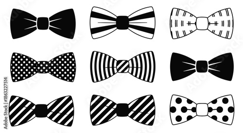a top ranked stylish set of black and white bow tie illustrations, featuring men’s formal neckwear accessories with classic patterns like stripes, polka dots, elegant fashion hierarchy, and timeless