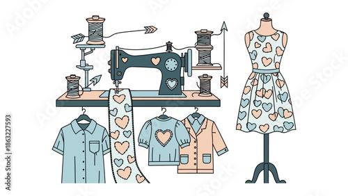 Crafting Dreams: A charming illustration depicts the art of sewing, featuring a vintage sewing machine, garments with heart patterns and a dress form displaying a stylish dress.