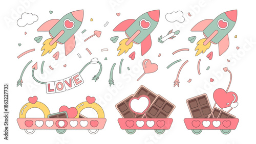 Love in Flight: Rockets and Romantic Symbols Soaring through the Sky, symbolizing Love, Romance, and Joy.