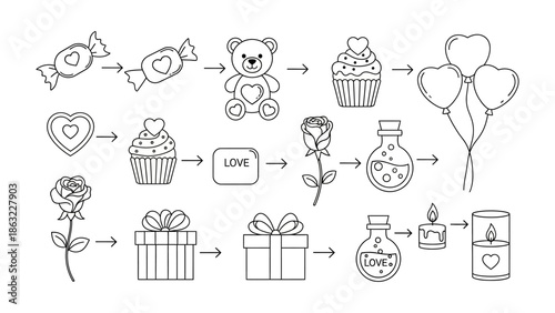 Love in the Details: A charming illustration, narrating the essence of love through a sequential array of delightful symbols, meticulously drawn to evoke feelings of tenderness and affection.