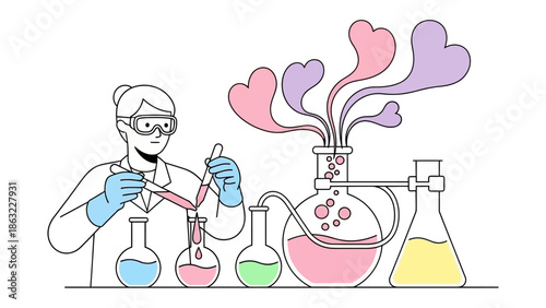 Scientific Experiment of a Laboratory: A scientist in a lab is working with various colorful fluids in beakers and equipment, showing scientific experiment.