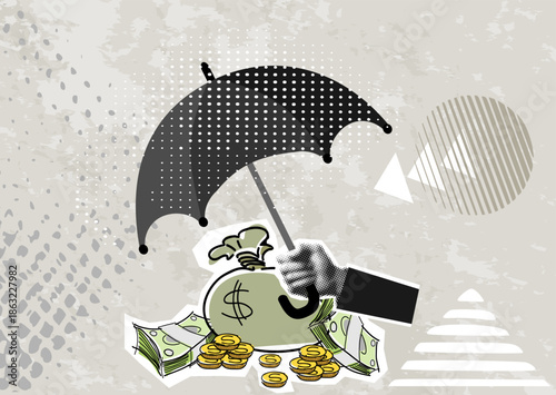Trendy Halftone Collage hand holding an umbrella above a bag with money. Income protection, security or safety guard protect investment profit, wealth preservation or insurance concept