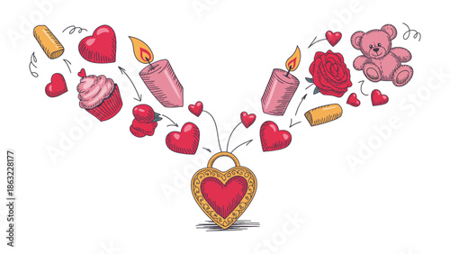 Valentine's Day Composition: An artistic composition of romantic elements, including candles, heart shapes, rose and teddy bears, emanate from a central heart-shaped locket.