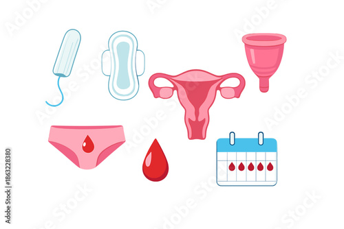 Menstruation icons and female reproductive system illustration