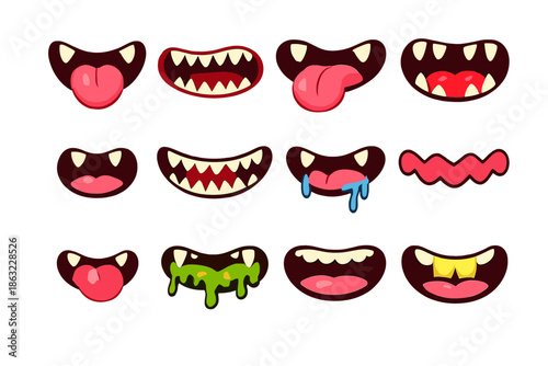 Collection of cartoon monster mouths with various expressions