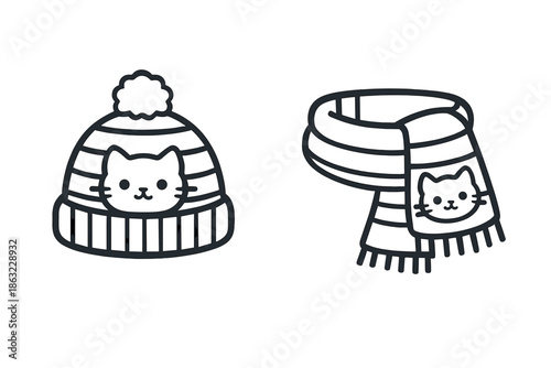 Cute cartoon cat in winter hat and scarf set