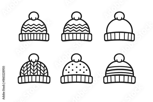 Set of six knitted winter hats with pom-poms