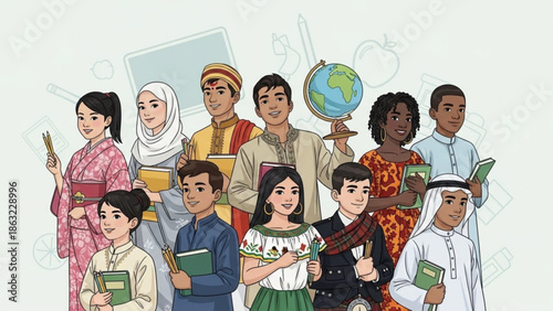 Diverse group of young people from different cultures holding books and globe in colorful traditional