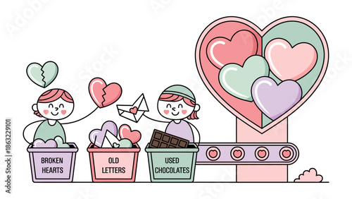 From Heartbreak to Heart: An illustrated concept depicts a system of love. Depicting a girl with broken hearts, old letters, and used chocolates, transforming these relics into whole, pure hearts.
