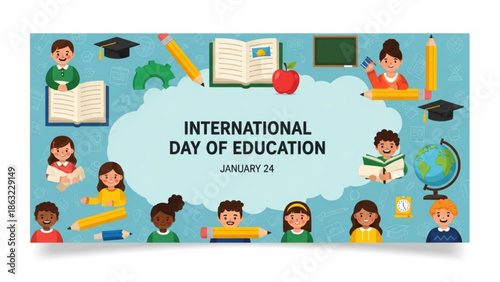 International day of education january 24 illustration with diverse children students learning