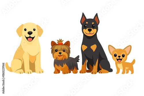 Cute cartoon dogs sitting together, illuminated by warm light