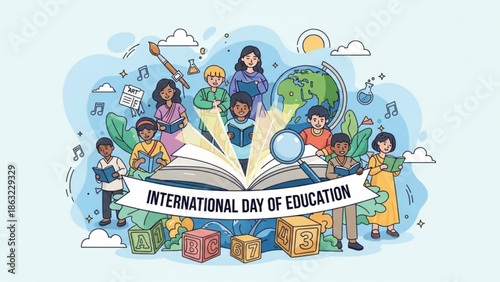 International day of education illustration with diverse children learning around open book and globe
