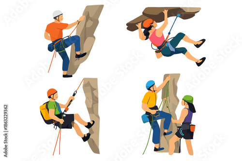 Diverse group of people rock climbing indoors and outdoors