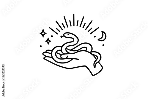 Hand holding a coiled snake with celestial elements