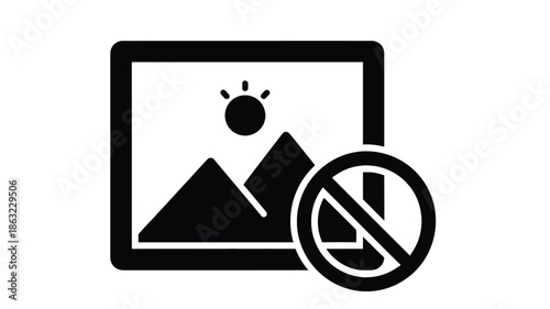 Image representation with a restriction symbol a landscape inside a frame with a prohibition sign
