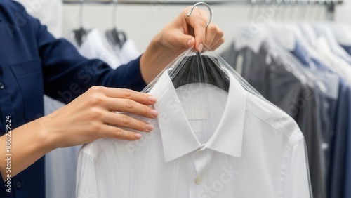 Close up of female hands holding a professional dry cleaned white shirt in plastic protective cover at laundry service. High quality garment care, retail business and hygiene maintenance.
